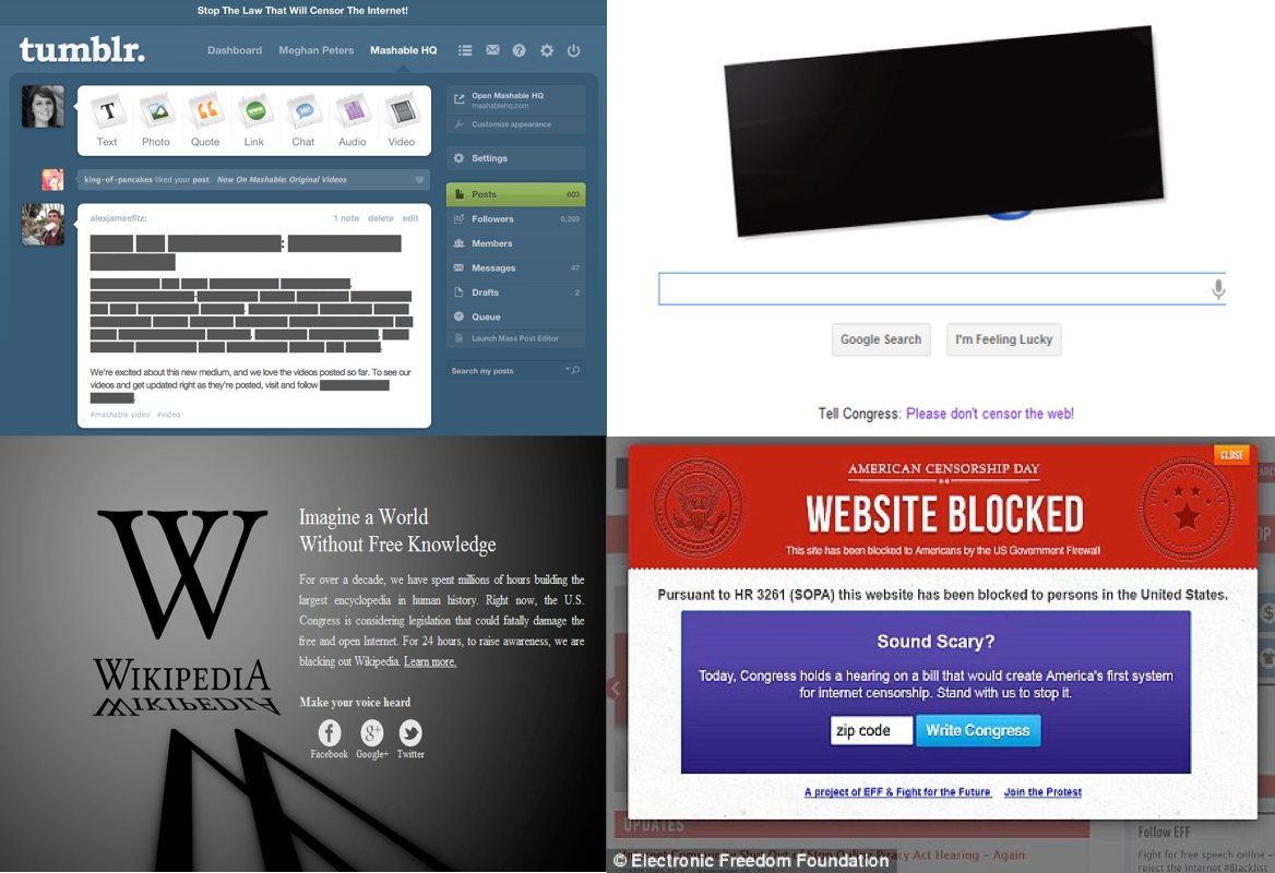 screenshots of sites during SOPA protests